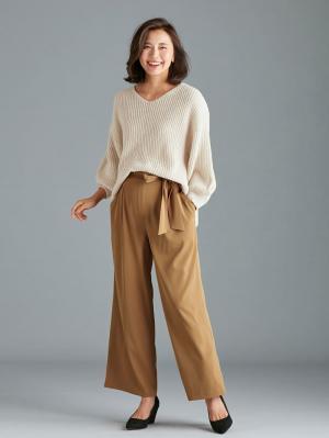 マタニティ パンツ|【産前産後対応】リボンベルト付ジョーゼットパンツ|キャメル