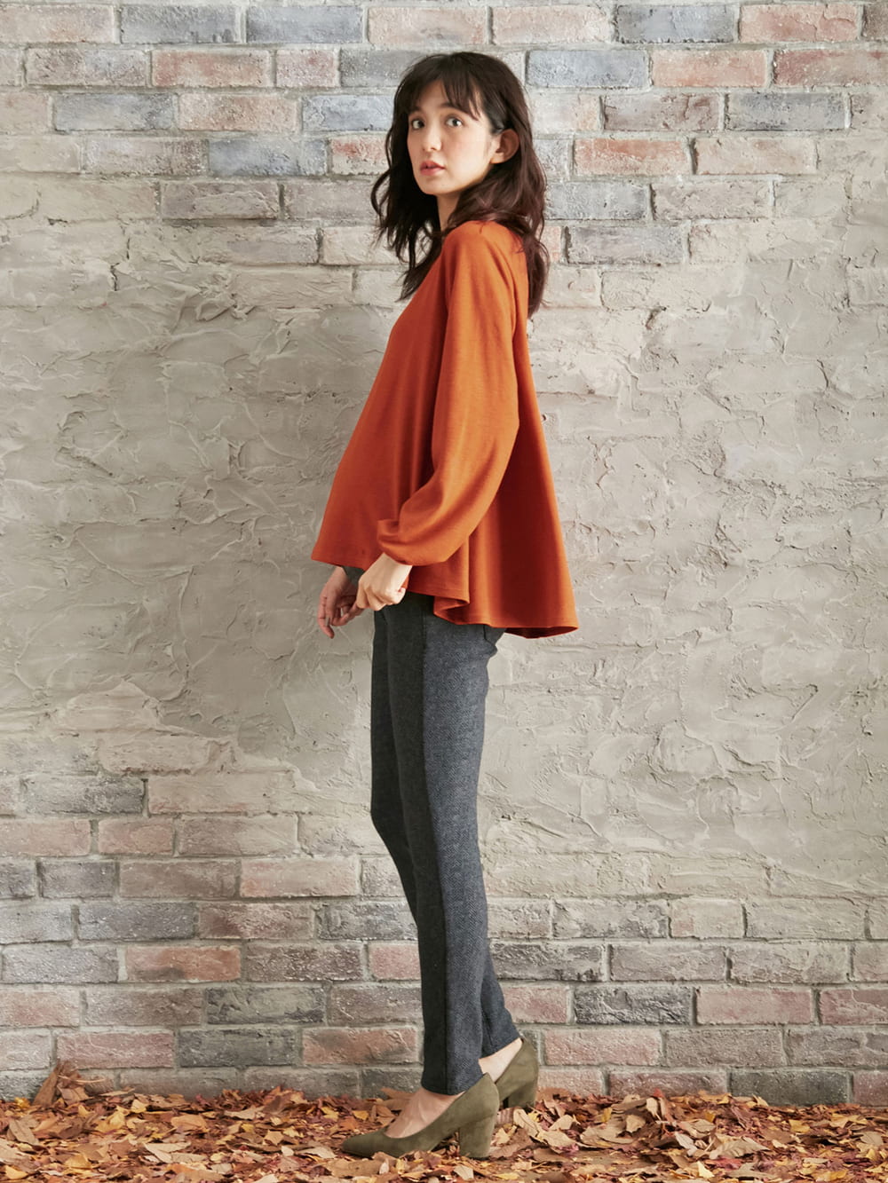 マタニティ トップス|フレアーフロントヘムプルオーバー　マタニティ・授乳服|オレンジ