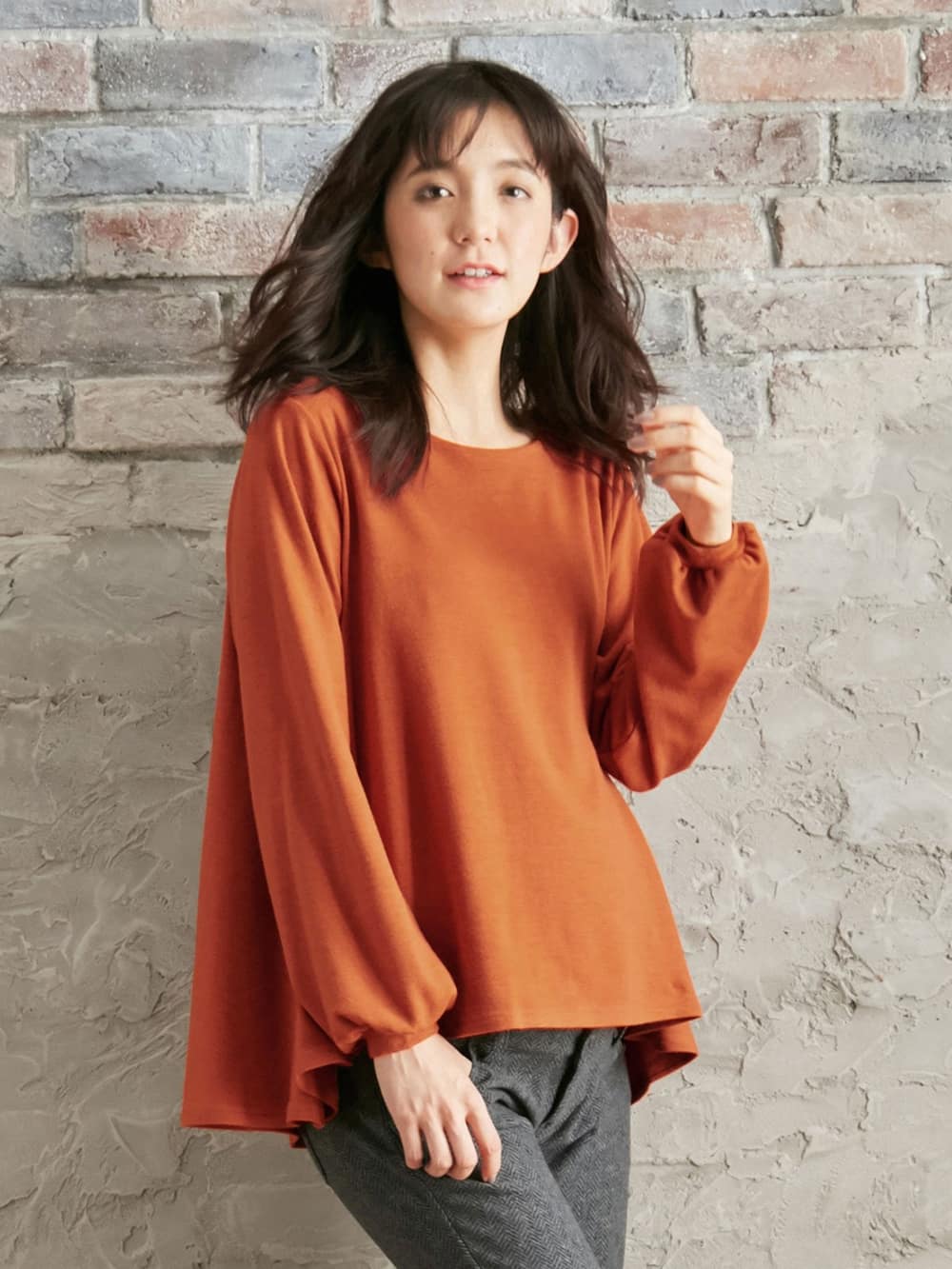 マタニティ トップス|フレアーフロントヘムプルオーバー　マタニティ・授乳服|オレンジ