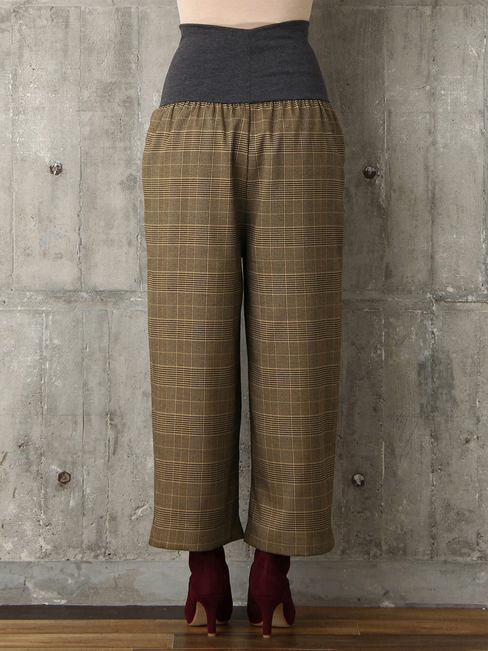 マタニティ パンツ|【産前産後対応】グレンチェックギャザーストレートパンツ【出産後も長く使える】