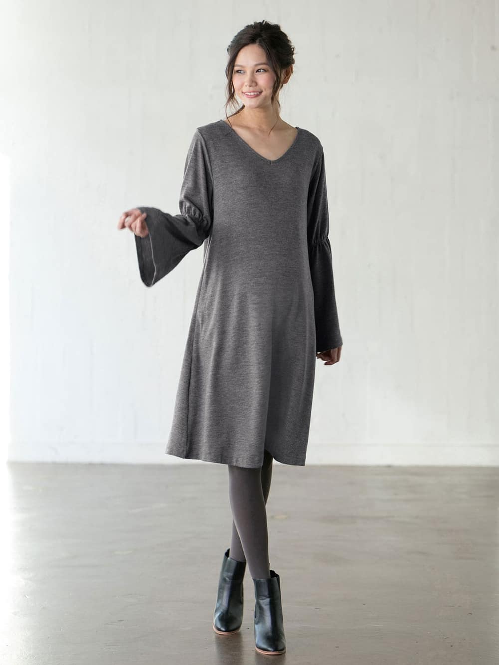 マタニティ ワンピース 授乳口付 セット ベルスリーブvネックニットソーワンピース ペチコート付 マタニティウェア 授乳服通販 エンジェリーベ 公式