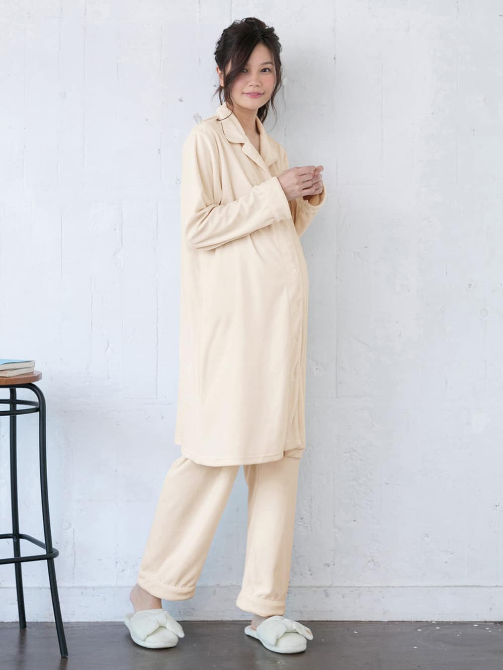 マタニティ パジャマ・ルームウェア|【授乳しやすい】【産後も使えるパンツ】ストレッチベロアロングシャツパジャマ