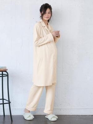 マタニティ パジャマ・ルームウェア|【授乳しやすい】【産後も使えるパンツ】ストレッチベロアロングシャツパジャマ