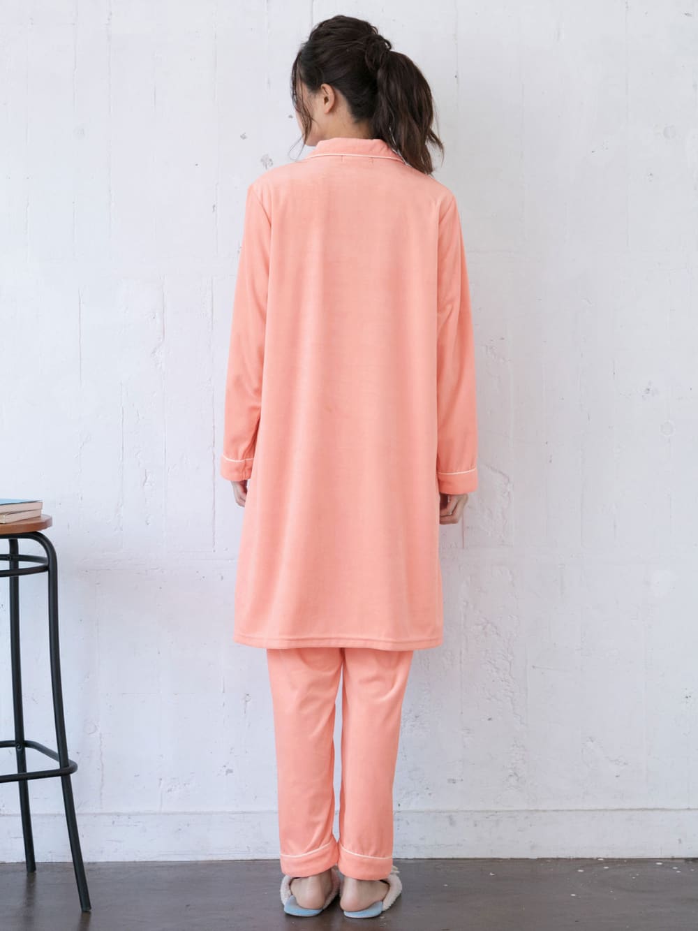 マタニティ パジャマ・ルームウェア|【授乳しやすい】【産後も使えるパンツ】ストレッチベロアロングシャツパジャマ