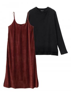 【セット】ストレッチ細コールベロアキャミワンピース＆長袖リブトップスセット　マタニティ・授乳服 22364