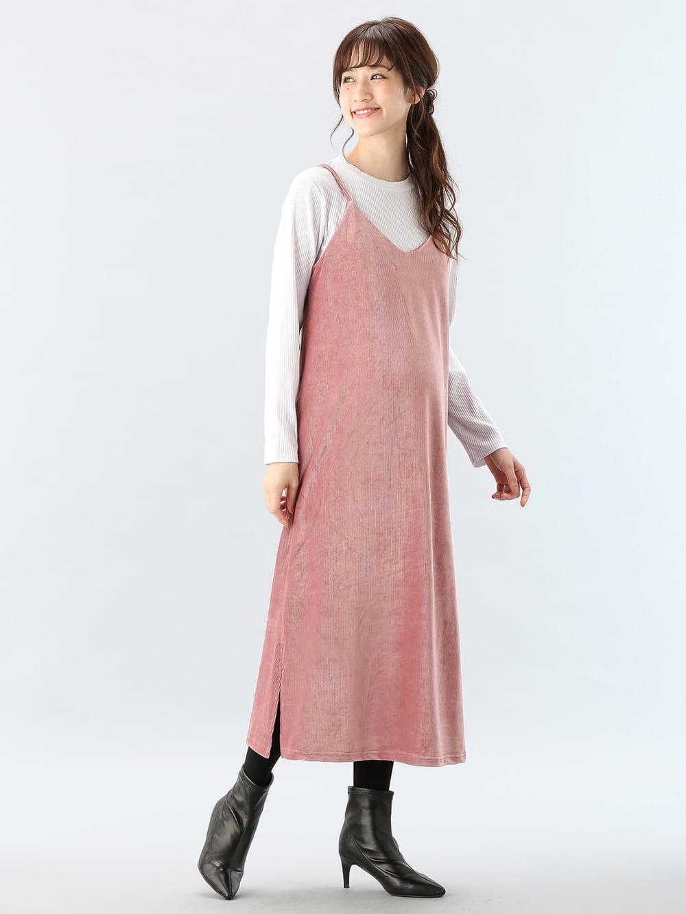 マタニティ ワンピース|【セット】ストレッチ細コールベロアキャミワンピース＆長袖リブトップスセット　マタニティ・授乳服|ピンク