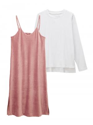 【セット】ストレッチ細コールベロアキャミワンピース＆長袖リブトップスセット　マタニティ・授乳服22364