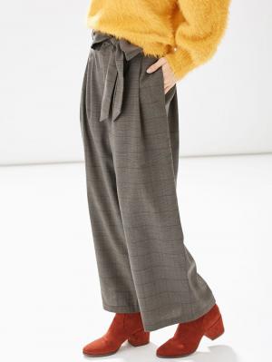 マタニティ パンツ|【産前産後対応】グレンチェック リボン付きワイドパンツ【出産後も長く使える】