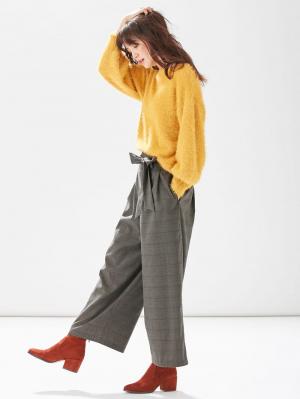 マタニティ パンツ|【産前産後対応】グレンチェック リボン付きワイドパンツ【出産後も長く使える】