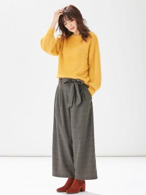 マタニティ パンツ|【産前産後対応】グレンチェック リボン付きワイドパンツ【出産後も長く使える】