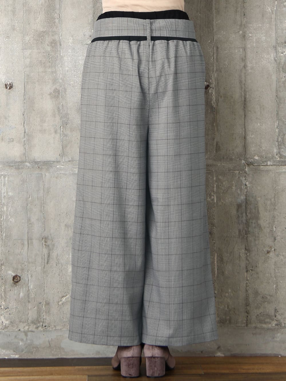 マタニティ パンツ|【産前産後対応】グレンチェック リボン付きワイドパンツ【出産後も長く使える】