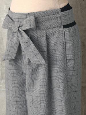 マタニティ パンツ|【産前産後対応】グレンチェック リボン付きワイドパンツ【出産後も長く使える】