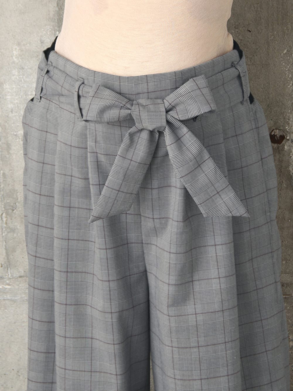 マタニティ パンツ|【産前産後対応】グレンチェック リボン付きワイドパンツ【出産後も長く使える】