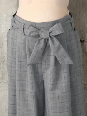 マタニティ パンツ|【産前産後対応】グレンチェック リボン付きワイドパンツ【出産後も長く使える】