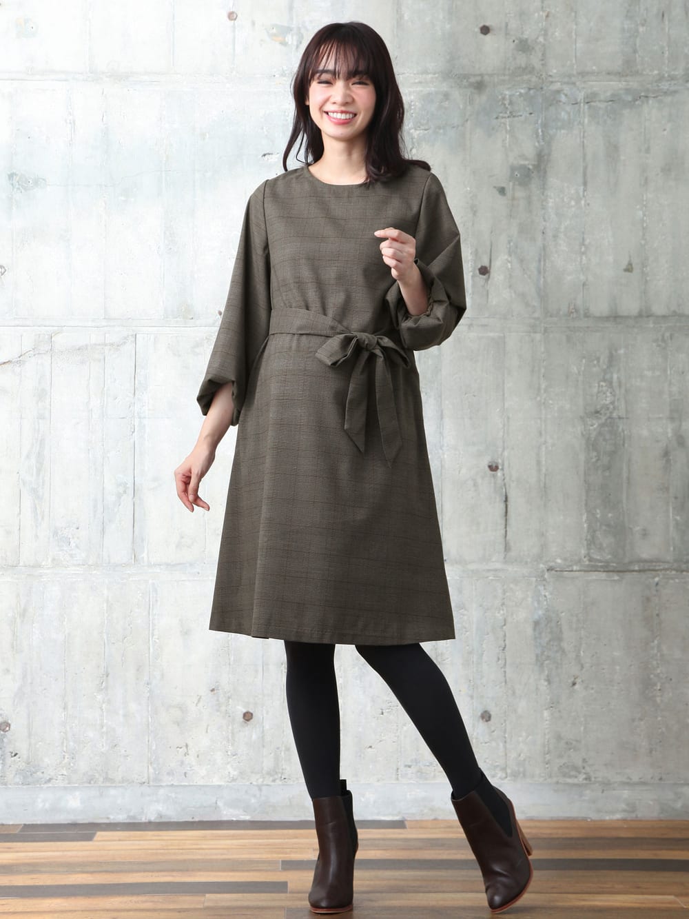 マタニティ ワンピース|グレンチェックボリュームスリーブワンピース（リボンベルト付）　マタニティ・授乳服|ブラウン系