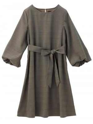 マタニティ ワンピース|グレンチェックボリュームスリーブワンピース（リボンベルト付）　マタニティ・授乳服|ブラウン系