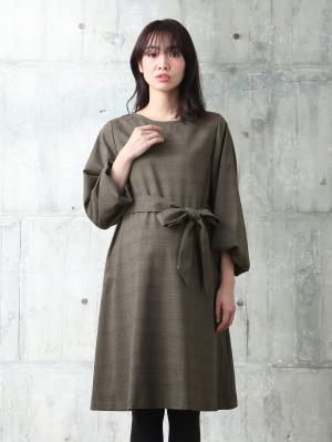 マタニティ ワンピース|グレンチェックボリュームスリーブワンピース（リボンベルト付）　マタニティ・授乳服|ブラウン系