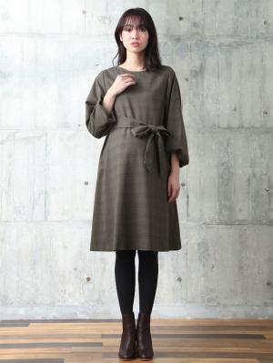 マタニティ ワンピース|グレンチェックボリュームスリーブワンピース（リボンベルト付）　マタニティ・授乳服|ブラウン系