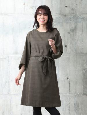 マタニティ ワンピース|グレンチェックボリュームスリーブワンピース（リボンベルト付）　マタニティ・授乳服|ブラウン系