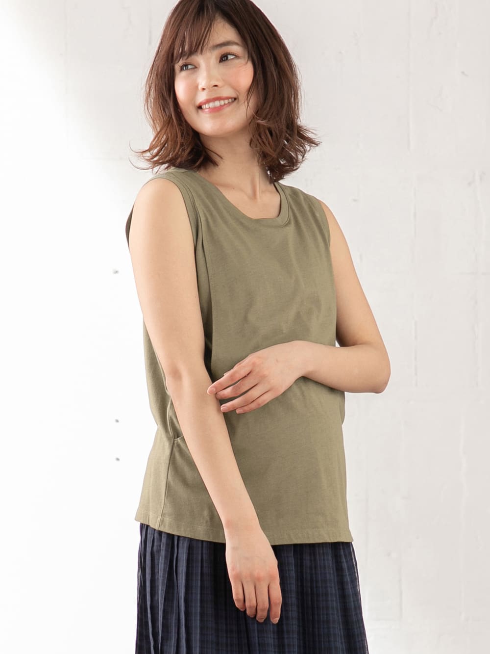 マタニティ トップス|ノースリーブトップス マタニティ・授乳服【出産後も長く使える】|カーキ
