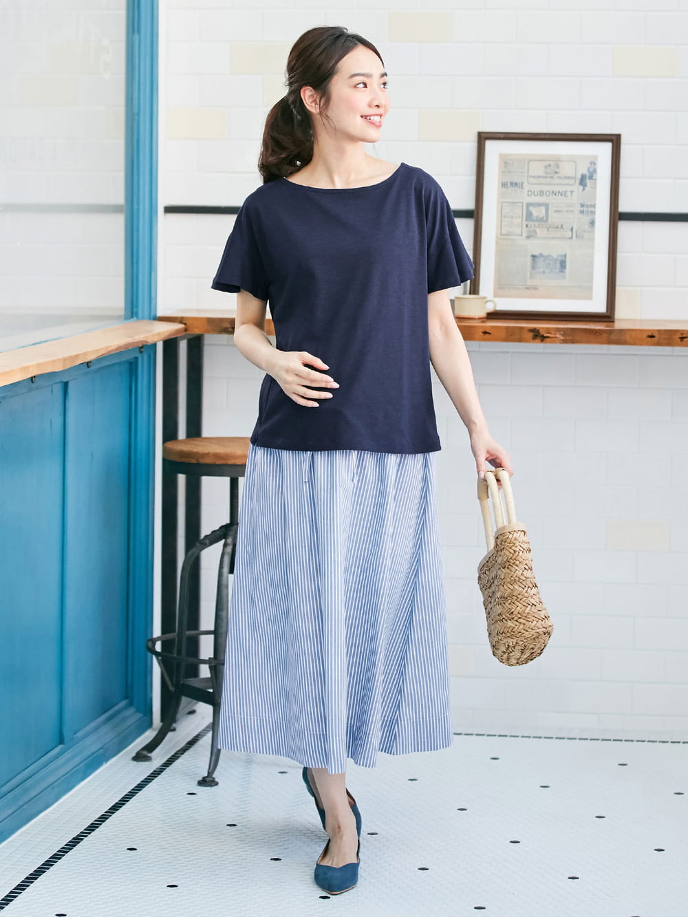 マタニティ トップス|【マタニティ・授乳服】シルケット加工フレアスリーブプルオーバー【出産後も長く使える】|ネイビー