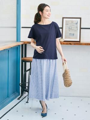 マタニティ トップス|【マタニティ・授乳服】シルケット加工フレアスリーブプルオーバー【出産後も長く使える】|ネイビー