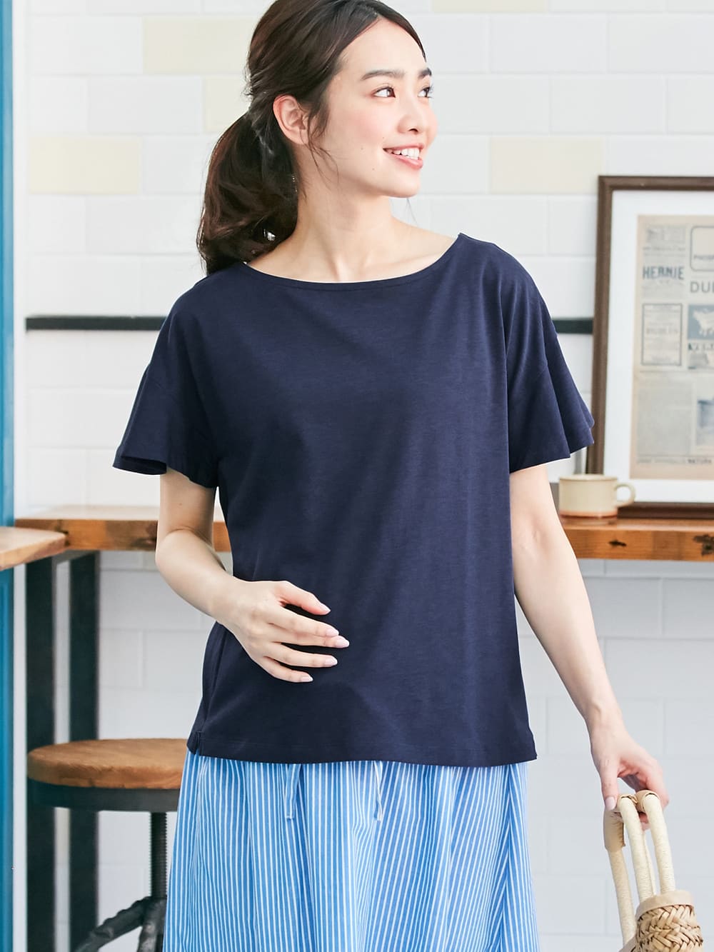 マタニティ トップス|【マタニティ・授乳服】シルケット加工フレアスリーブプルオーバー【出産後も長く使える】|ネイビー