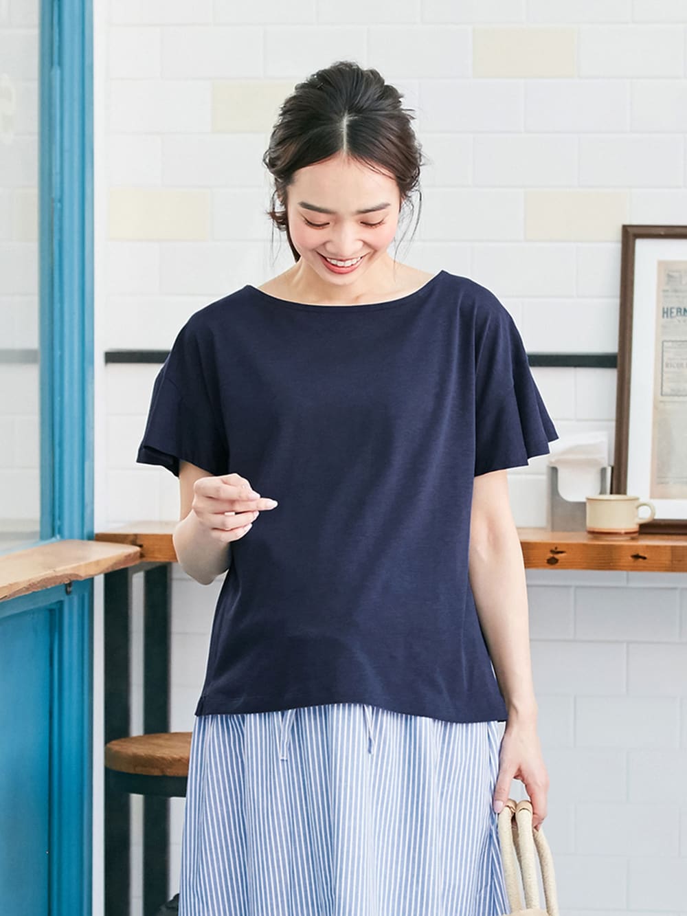 マタニティ トップス|【マタニティ・授乳服】シルケット加工フレアスリーブプルオーバー【出産後も長く使える】|ネイビー