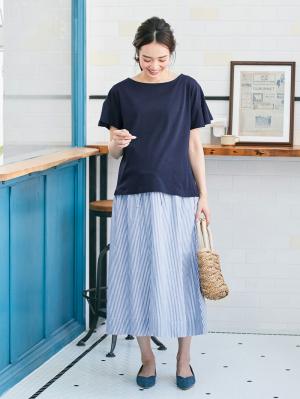 マタニティ トップス|【マタニティ・授乳服】シルケット加工フレアスリーブプルオーバー【出産後も長く使える】|ネイビー