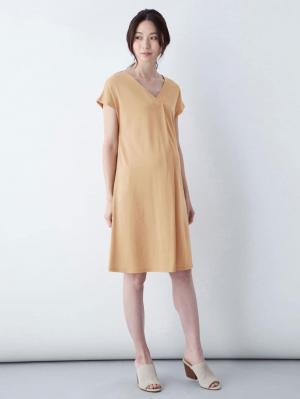 株主優待カテゴリー|フレンチスリーブフロントタックワンピース　マタニティ・授乳服|ベージュ