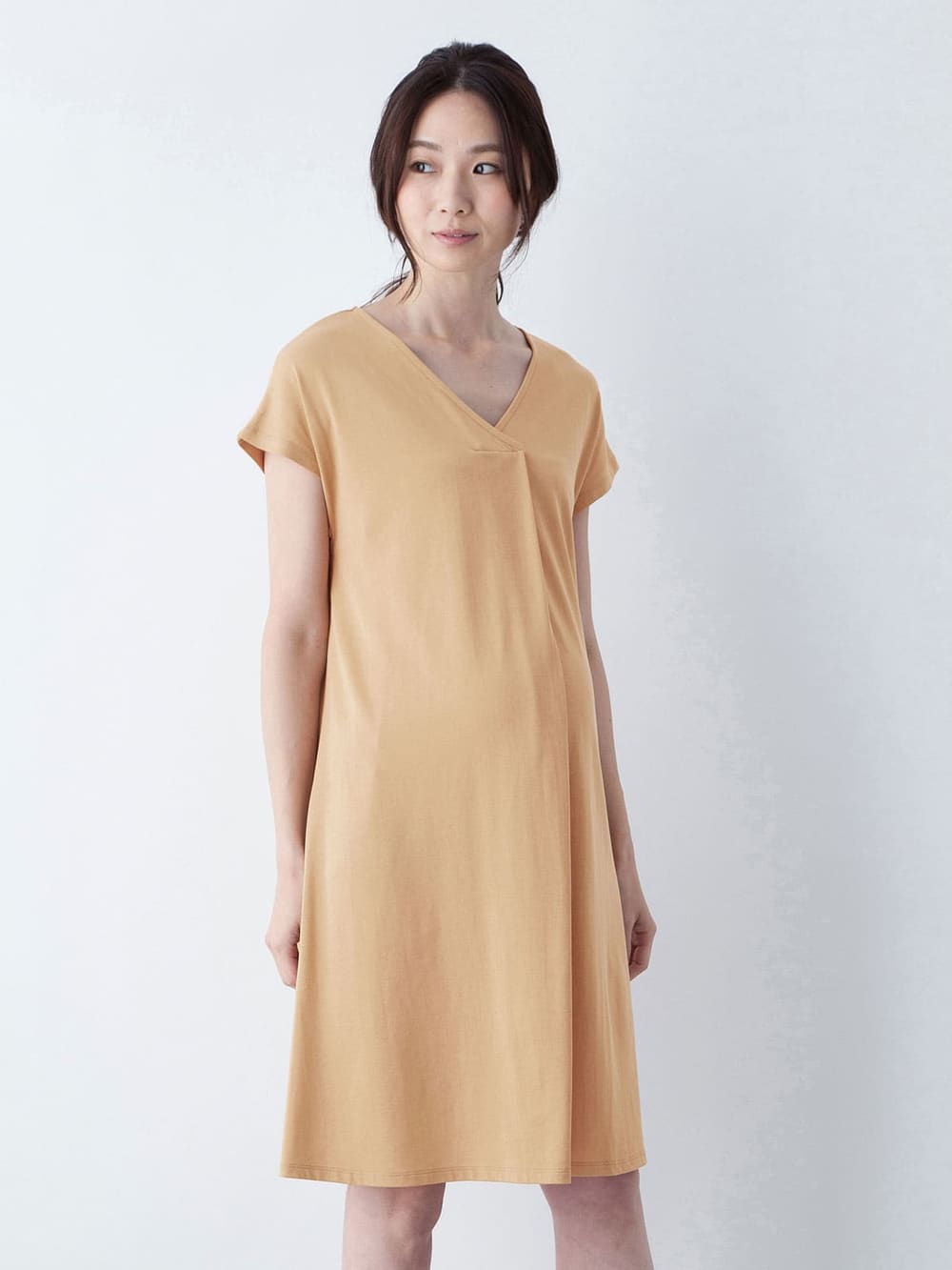 株主優待カテゴリー|フレンチスリーブフロントタックワンピース　マタニティ・授乳服|ベージュ