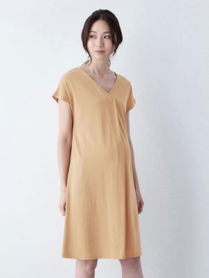 株主優待カテゴリー|フレンチスリーブフロントタックワンピース　マタニティ・授乳服|ベージュ