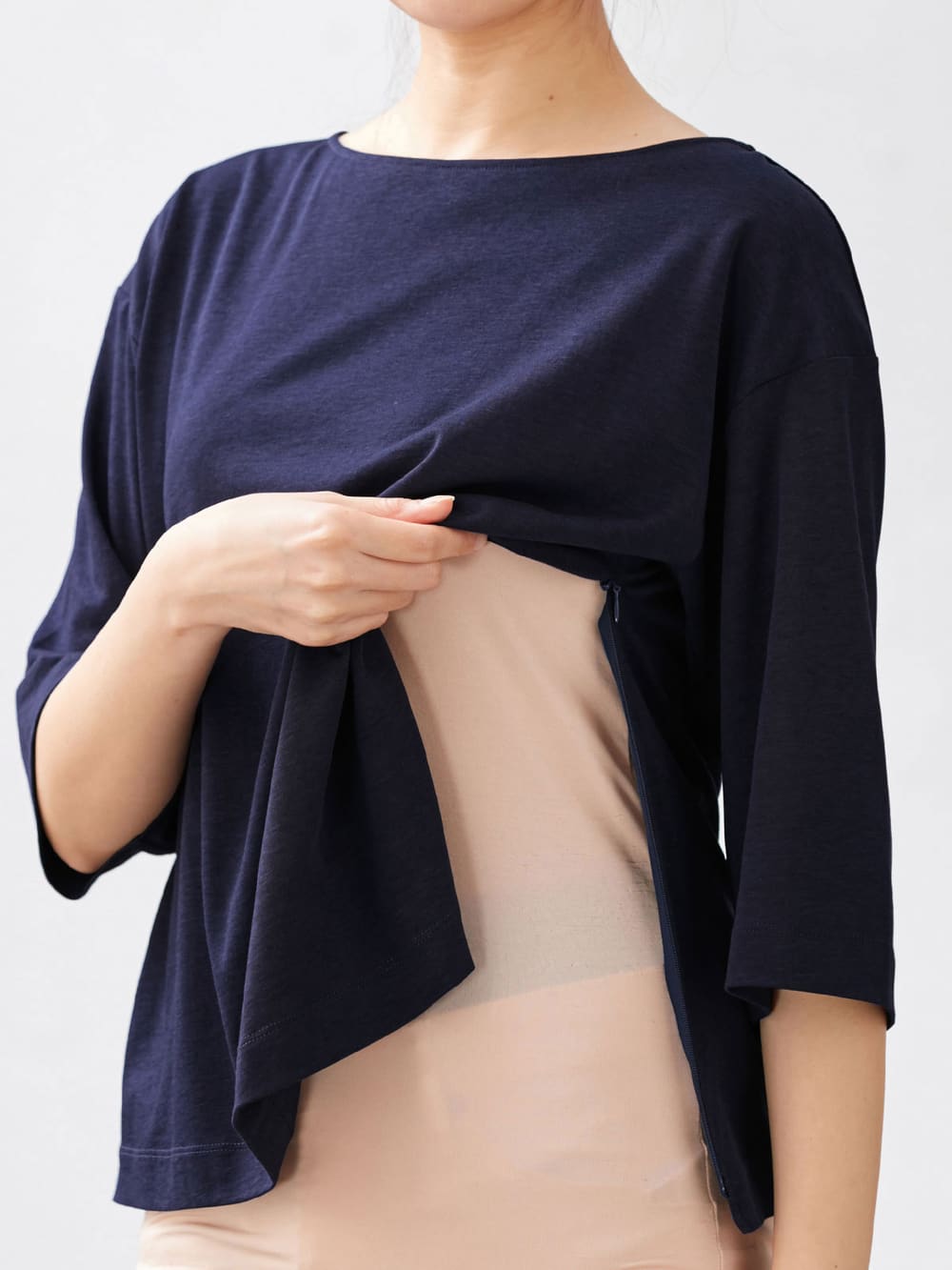 マタニティ トップス|シルケット加工七分袖ボートネックプルオーバー マタニティ・授乳服【出産後も長く使える】