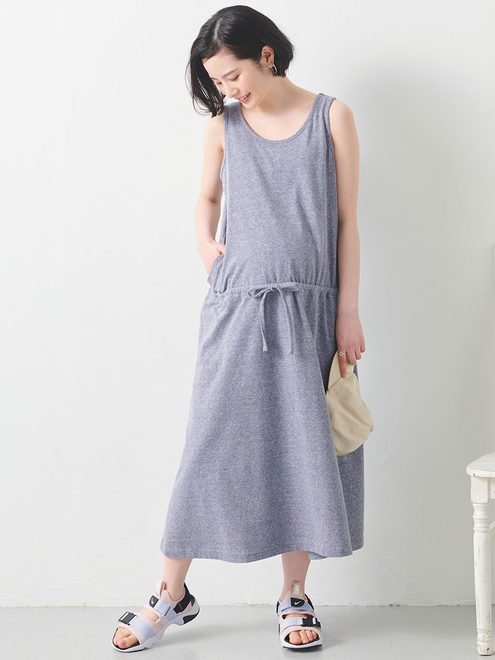 マタニティ ワンピース|スラブ風素材　ノースリーブマキシワンピース　マタニティ・授乳服【出産後も長く使える】|杢ネイビー