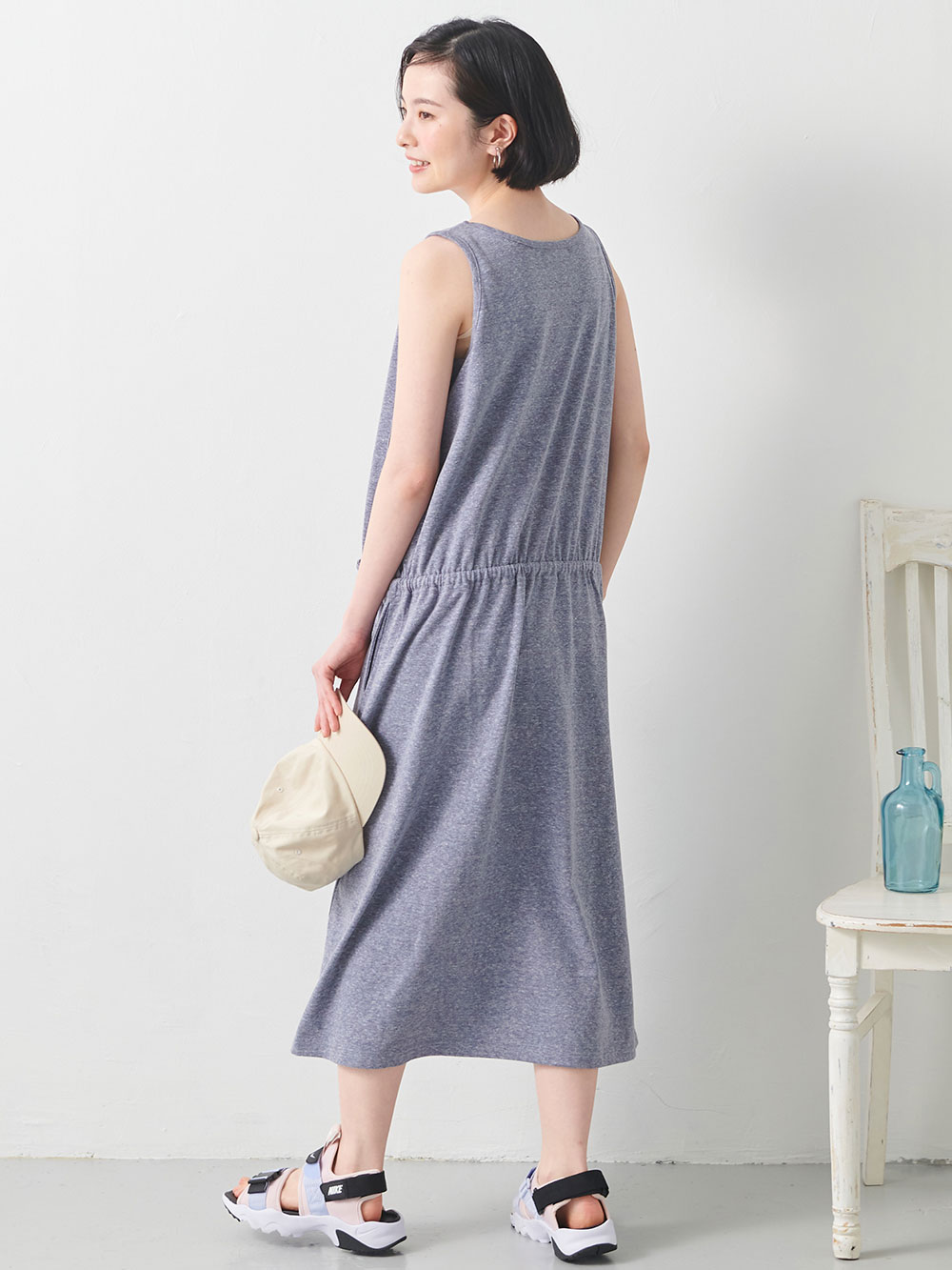 マタニティ ワンピース|スラブ風素材　ノースリーブマキシワンピース　マタニティ・授乳服【出産後も長く使える】|杢ネイビー