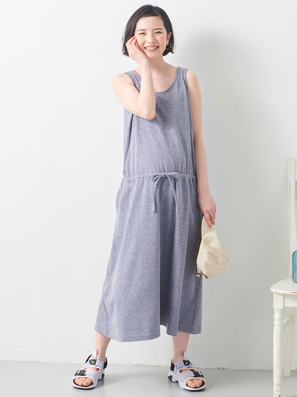 マタニティ ワンピース|スラブ風素材　ノースリーブマキシワンピース　マタニティ・授乳服【出産後も長く使える】|杢ネイビー