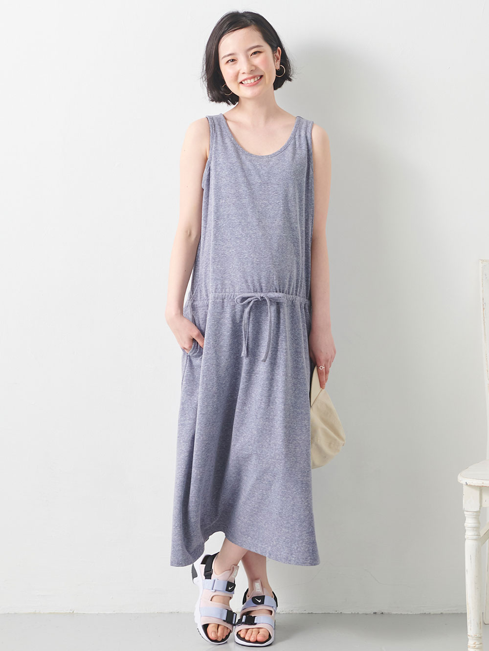 マタニティ ワンピース|スラブ風素材　ノースリーブマキシワンピース　マタニティ・授乳服【出産後も長く使える】|杢ネイビー