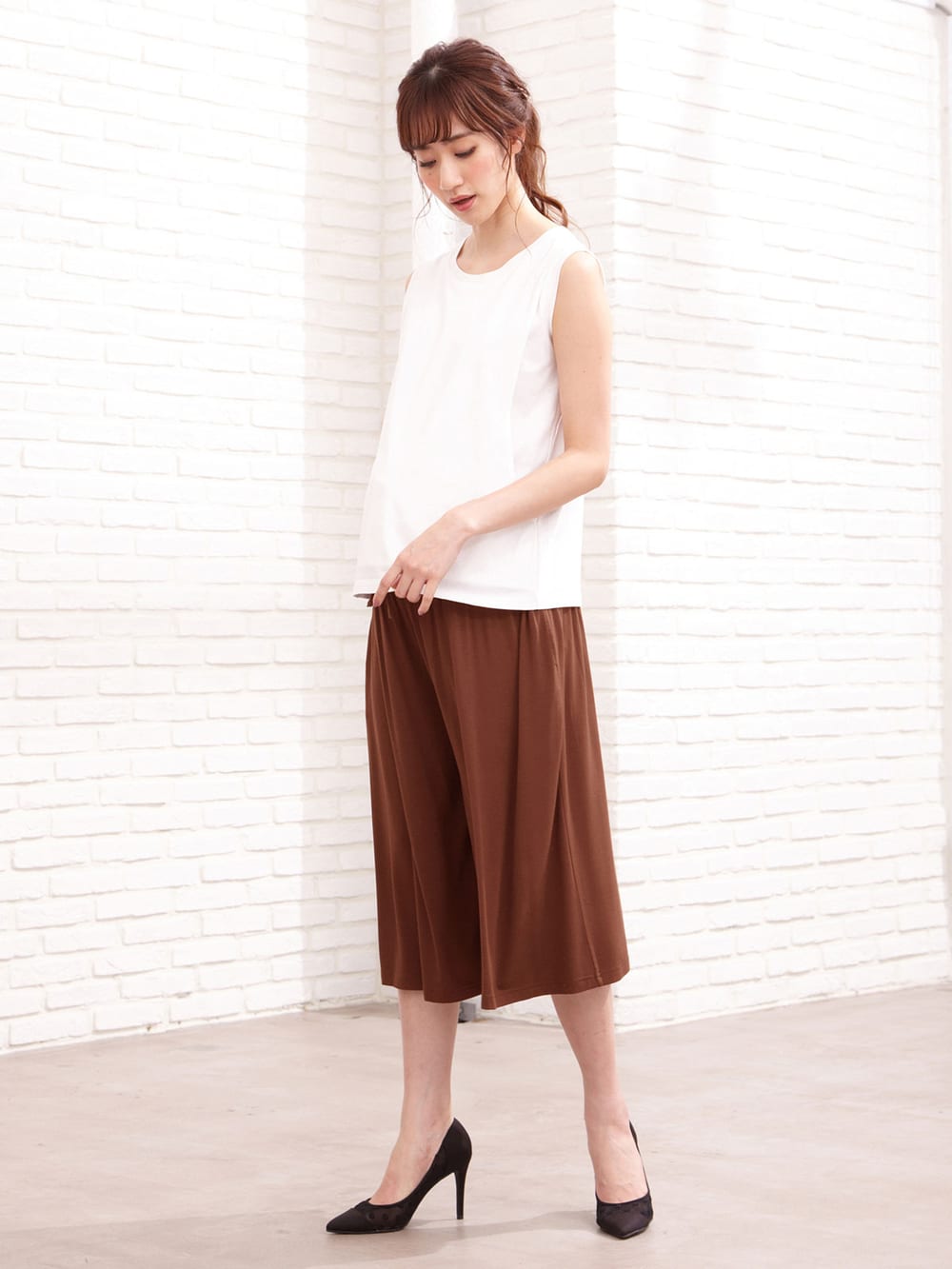 マタニティ パンツ|【産前産後対応】極上とろみタッチミモレ丈スカンツ【出産後も長く使える】