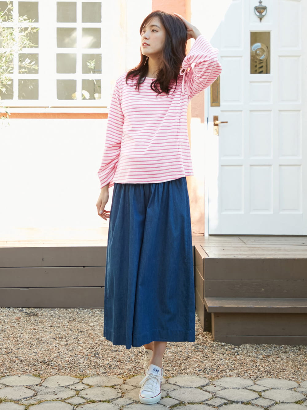 マタニティ トップス 授乳トップス A I N 授乳口付 ポンチボーダーシャーリングスリーブトップス マタニティウェア 授乳服通販 エンジェリーベ 公式
