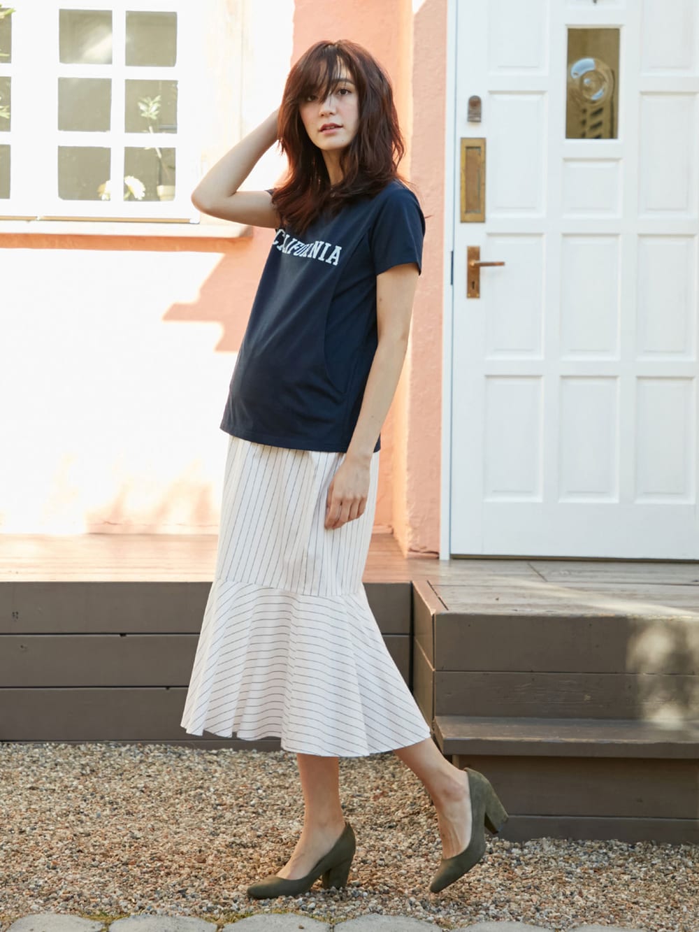 マタニティ スカート|ain（アイン）【産前産後対応】産後も可愛く　綿ツイルソフトラッフルスカート【出産後も長く使える】|オフ（ストライプ）