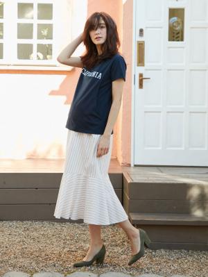 マタニティ スカート|ain（アイン）【産前産後対応】産後も可愛く　綿ツイルソフトラッフルスカート【出産後も長く使える】|オフ（ストライプ）