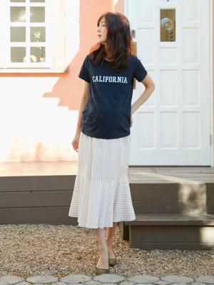 マタニティ スカート|ain（アイン）【産前産後対応】産後も可愛く　綿ツイルソフトラッフルスカート【出産後も長く使える】|オフ（ストライプ）