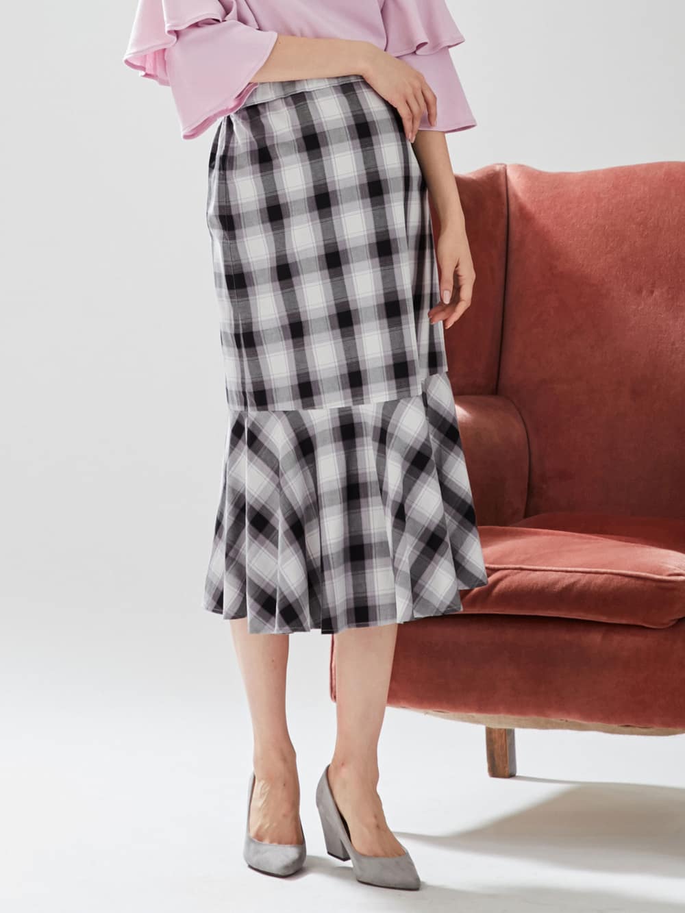 マタニティ スカート|ain（アイン）【産前産後対応】産後も可愛く　綿ツイルソフトラッフルスカート【出産後も長く使える】|チェック