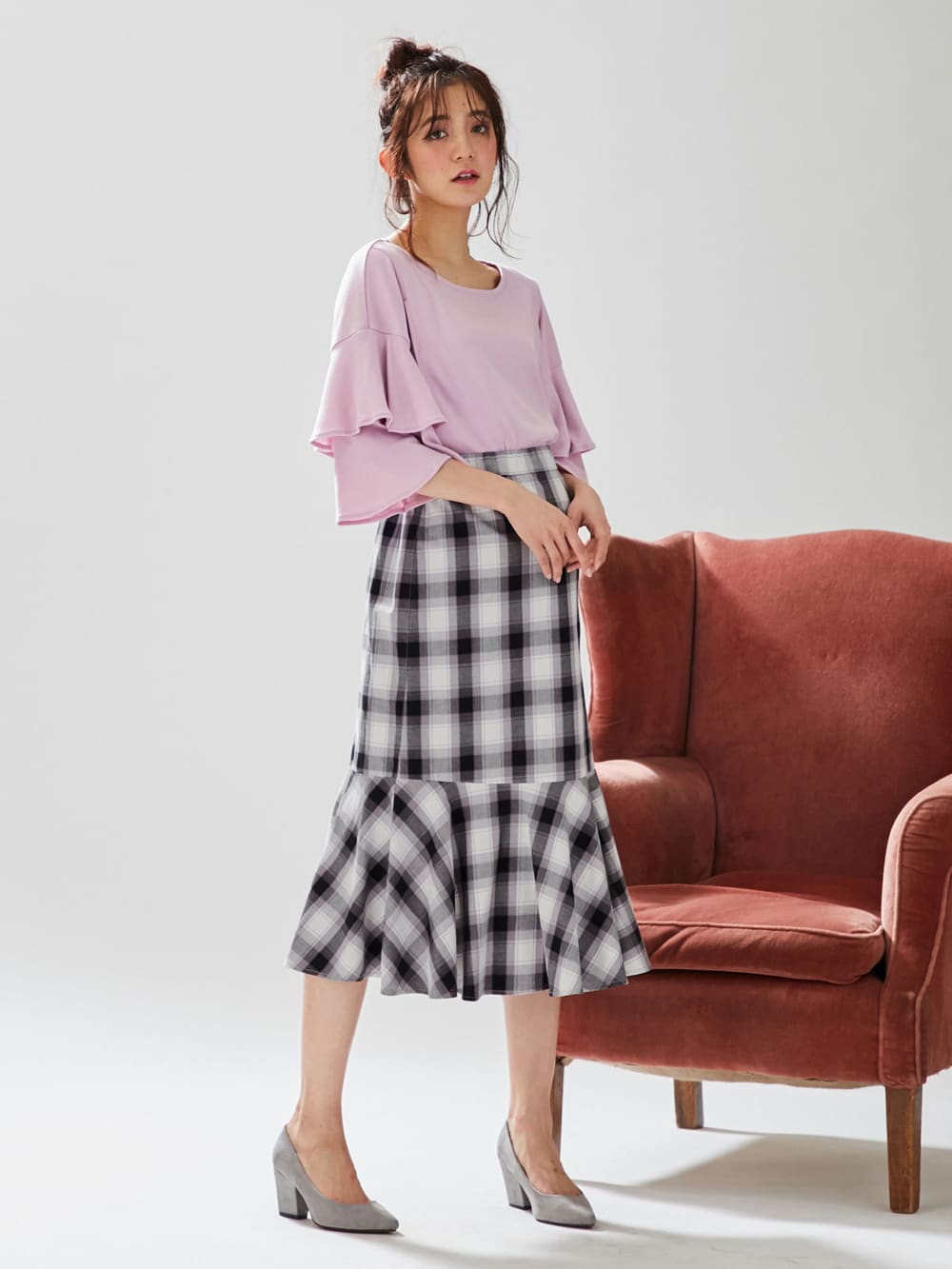 マタニティ スカート|ain（アイン）【産前産後対応】産後も可愛く　綿ツイルソフトラッフルスカート【出産後も長く使える】|チェック