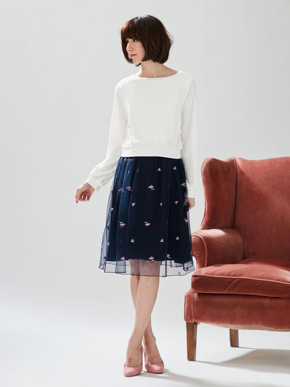 マタニティ ワンピース|LOVE MIC（ラブミック）テレコ×花柄刺繍チュールワンピース　マタニティ・授乳服【出産後も長く使える】