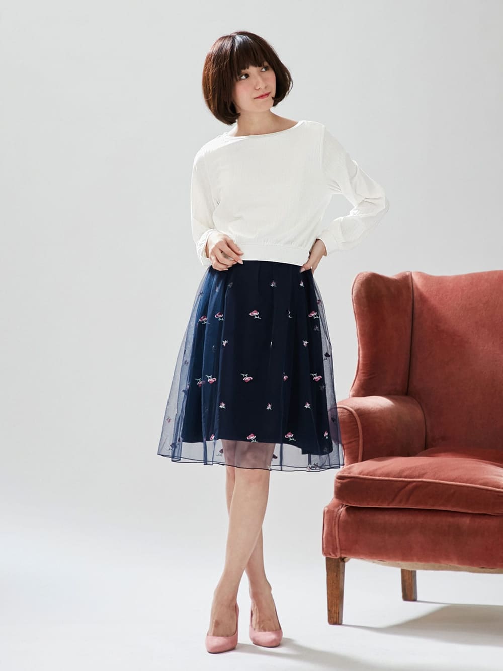 マタニティ ワンピース|LOVE MIC（ラブミック）テレコ×花柄刺繍チュールワンピース　マタニティ・授乳服【出産後も長く使える】