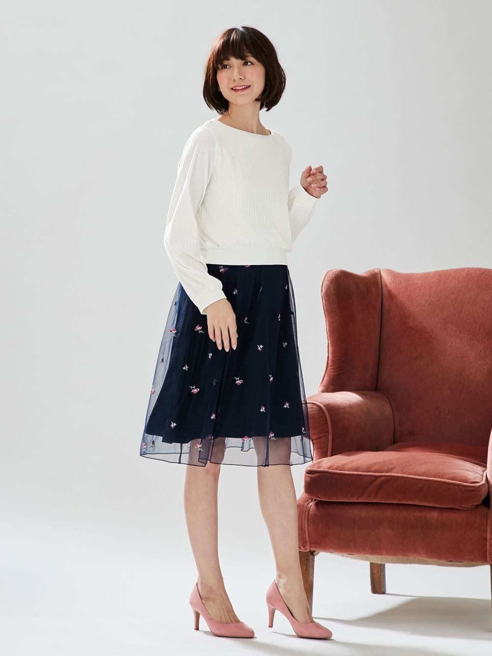 マタニティ ワンピース|LOVE MIC（ラブミック）テレコ×花柄刺繍チュールワンピース　マタニティ・授乳服【出産後も長く使える】