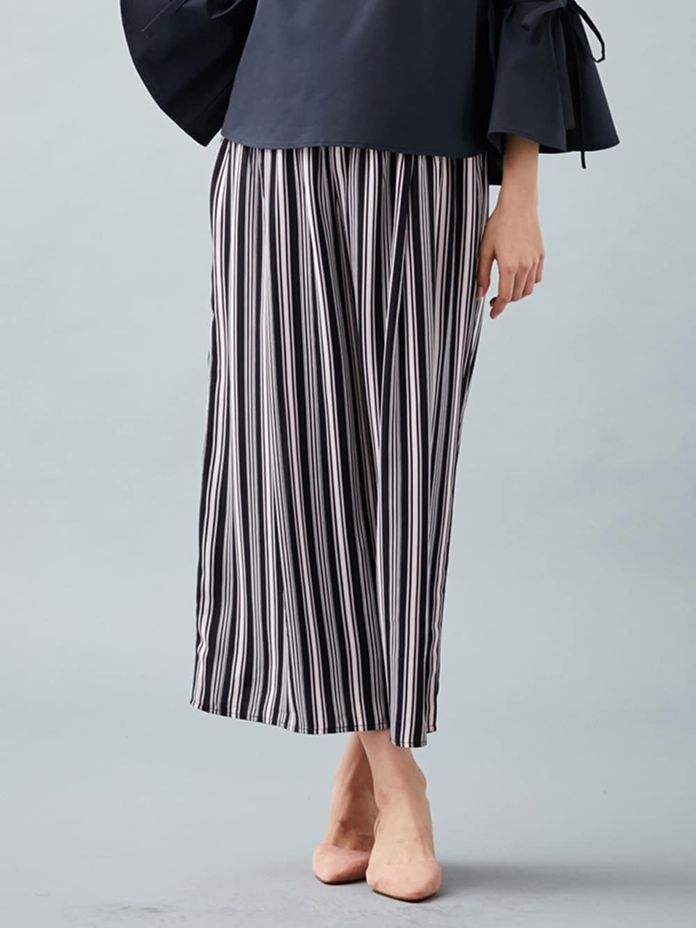 マタニティ ワンピース|LOVE MIC（ラブミック）デシンマルチストライプワイドパンツ【出産後も長く使える】