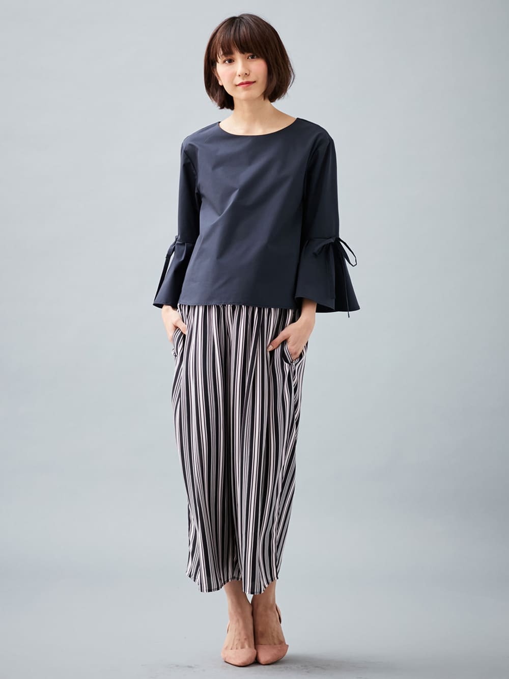 マタニティ ワンピース|LOVE MIC（ラブミック）デシンマルチストライプワイドパンツ【出産後も長く使える】