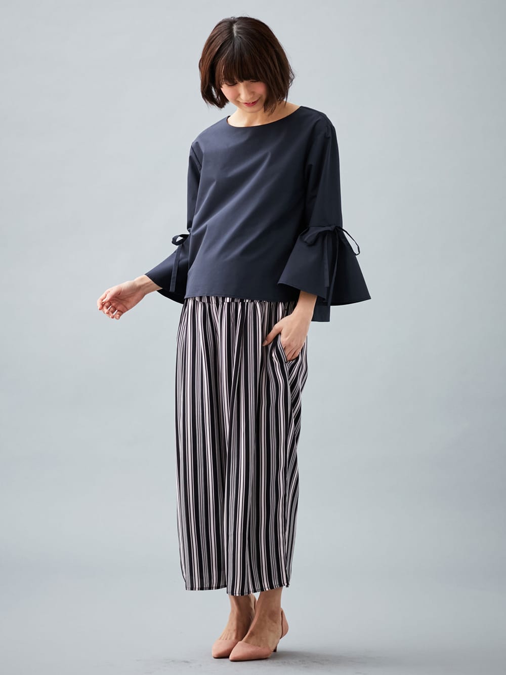 マタニティ ワンピース|LOVE MIC（ラブミック）デシンマルチストライプワイドパンツ【出産後も長く使える】
